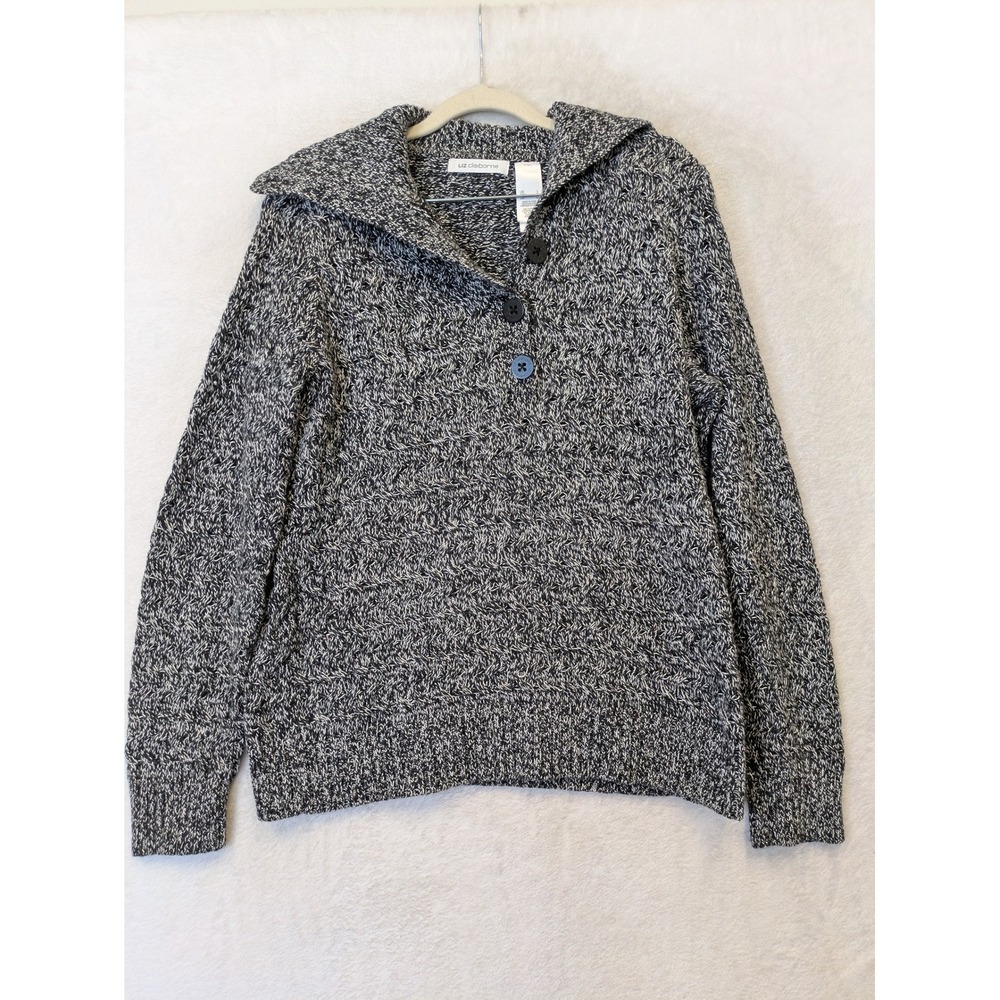 Liz Claiborne Sweater Women's Large Black White Marled Button Collar Chunky Knit